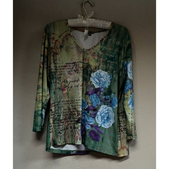 Caia Women's XL Stretch Multicolor Floral Graphic V-Neck 3/4 Sleeve T-Shirt - Picture 1 of 8